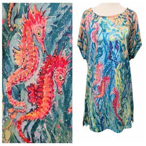 Leoma Lovegrove Womens Size L Colorful Allover Seahorse Sealife S/S T-Shirt Top